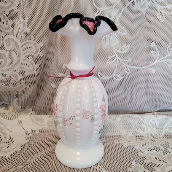 Vintage Signed Fenton Vase Hand Painted Beaded Milk Glass - Picture 8 of 12